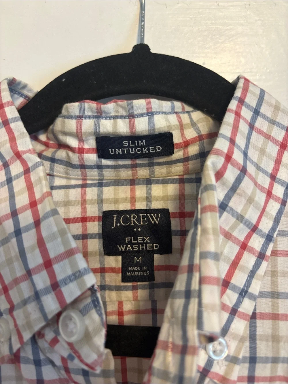 J. Crew Men's White Button-Down Shirt with Red & Blue Plaid